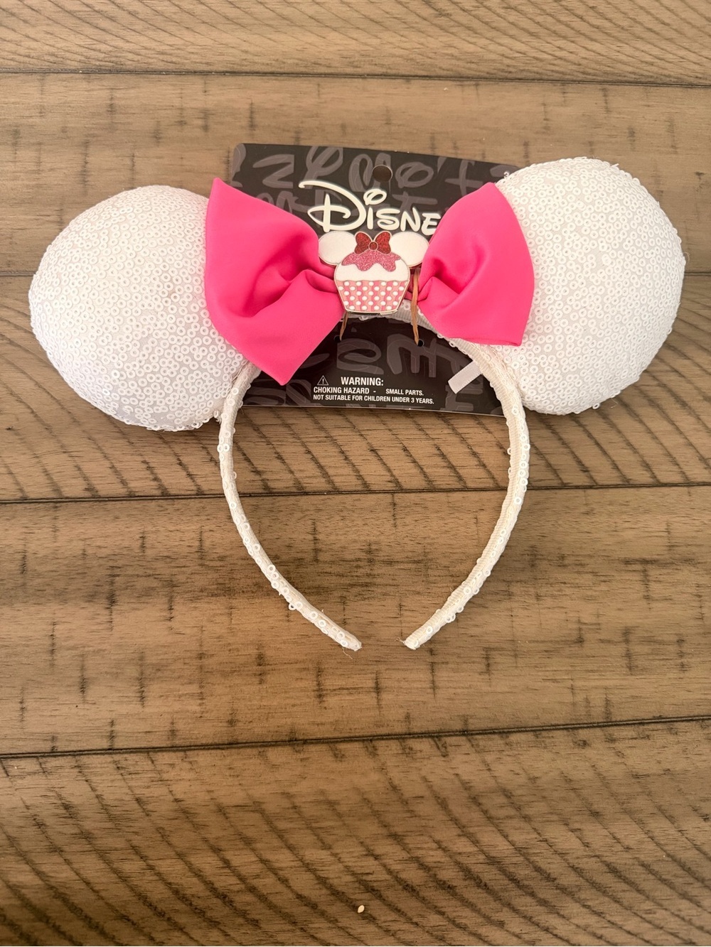 [Disney] NWT White & Pink Sequin Cupcake Mickey Minnie Ears
